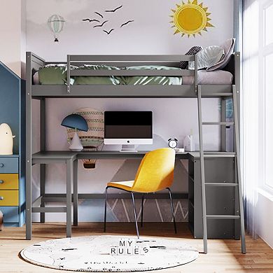 Twin Size Loft Bed With Shelves And Desk, Wooden Loft Bed With Desk