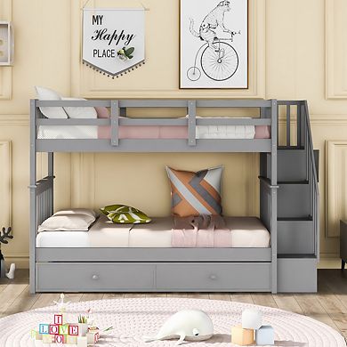 Stairway Twin-over-twin Bunk Bed With Twin Size Trundle For Bedroom, Dorm, Adults