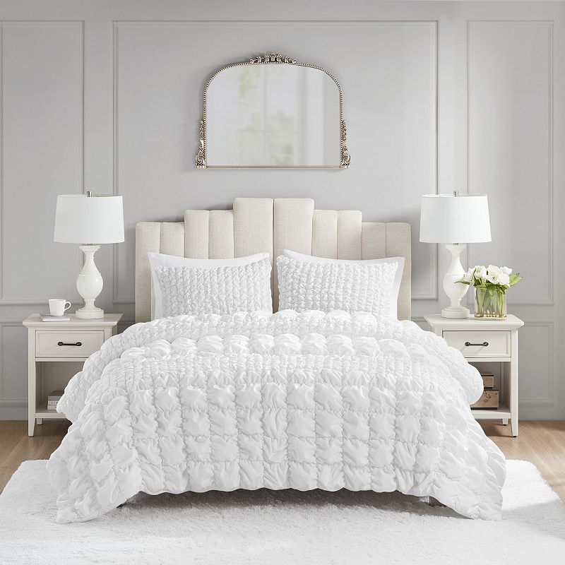 Madison Park King/California King 3pc Josie Striped Ruched Microfiber Comforter Set White: Hypoallergenic, Shabby Chic Style
