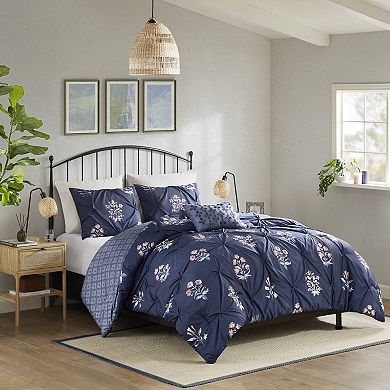 Madison Park Peony 4-Piece Pintuck Comforter Set with Throw Pillow