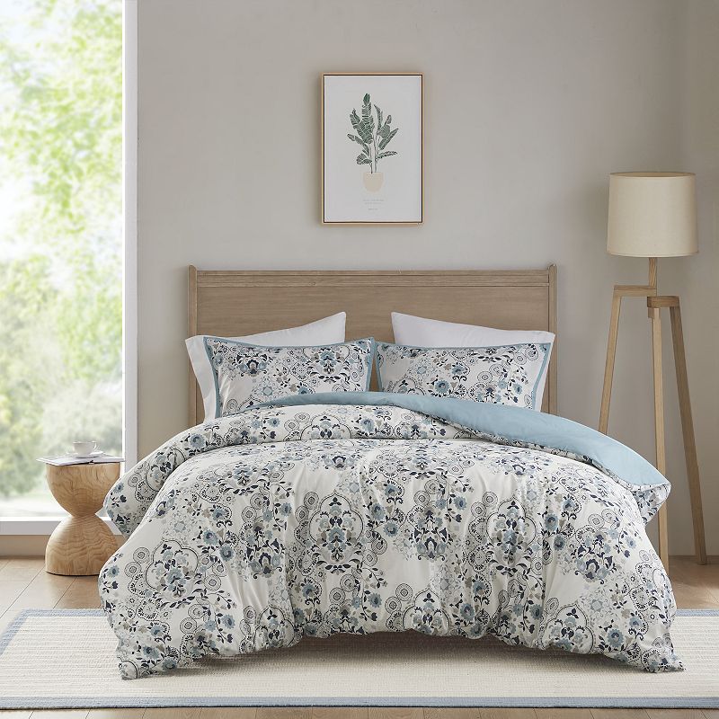 3pc King/Cal King Elsie Floral Printed Duvet Cover Set Blue - Madison Park: OEKO-TEX Certified, Button Closure, Includes 2 Shams