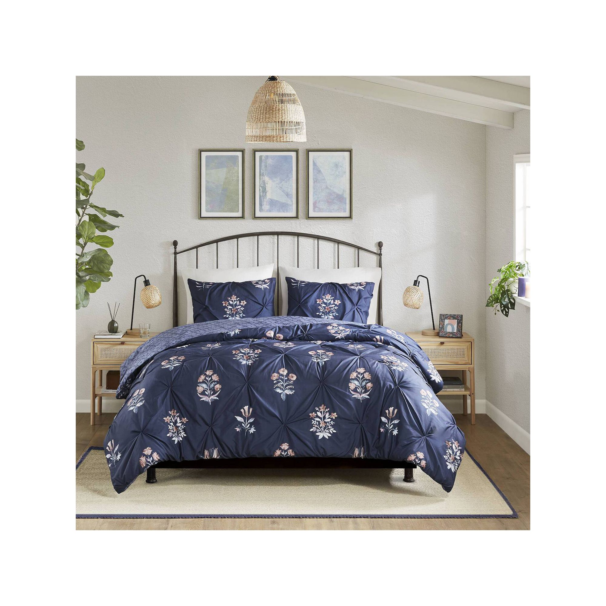 Madison Park Peony 3-Piece Pintuck Duvet Cover Set, Blue
