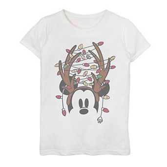 Disney's Mickey Mouse Antlers With Christmas Lights Girls Graphic Tee