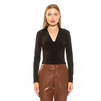 Women's ALEXIA ADMOR Alina Ruched Long Sleeve Collared Button Down Shirt