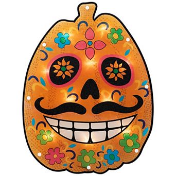 Northlight Sugar Skull Pumpkin Light-Up Window Silhouette Halloween Decoration