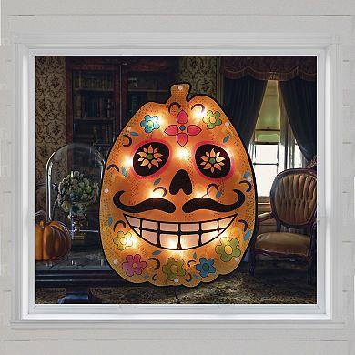Northlight Sugar Skull Pumpkin Light-Up Window Silhouette Halloween Decoration