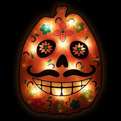 Northlight Sugar Skull Pumpkin Light-Up Window Silhouette Halloween Decoration