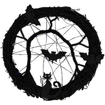 Northlight LED Lighted Black Artificial Twig Halloween Wreath & Bats