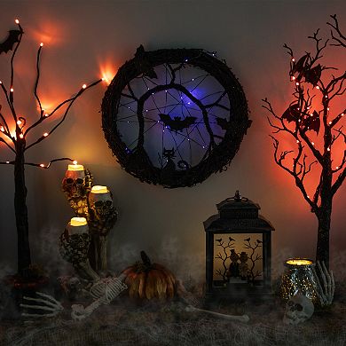 Northlight LED Lighted Black Artificial Twig Halloween Wreath & Bats