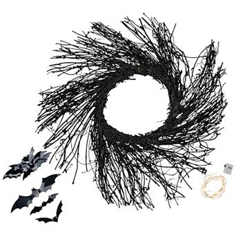 Northlight Pre-Lit Black Halloween Artificial Twig Wreath & Bats