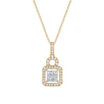 14k Gold 1 Carat T.W. Diamond Halo Quad Pendant Necklace