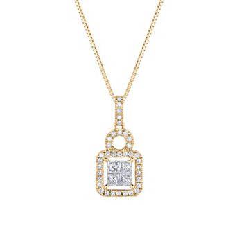 Diamaison 14k Gold 1 Carat T.W. Diamond Halo Quad Pendant Necklace