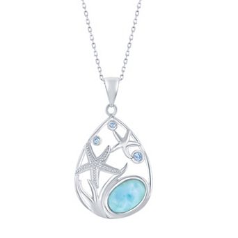 Nautica Rocks Sterling Silver Starfish Blue Cubic Zirconia & Larimar Pendant Necklace