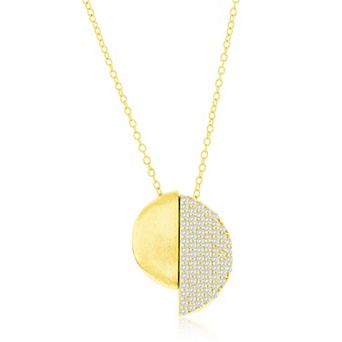 Argento Bella Gold Tone Sterling Silver Cubic Zirconia Half-Brushed Half-Pave Medallion Necklace