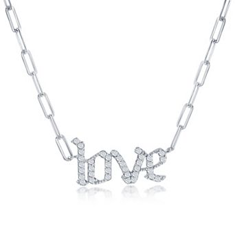 Argento Bella Sterling Silver Cubic Zirconia "Love" Paperclip Chain Necklace