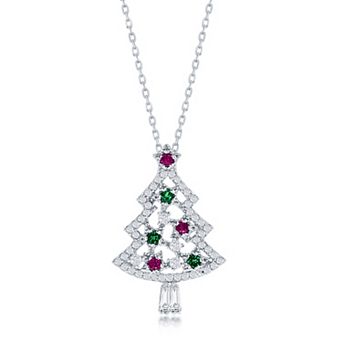 Argento Bella Sterling Silver White, Red, & Green Cubic Zirconia Christmas Tree Necklace