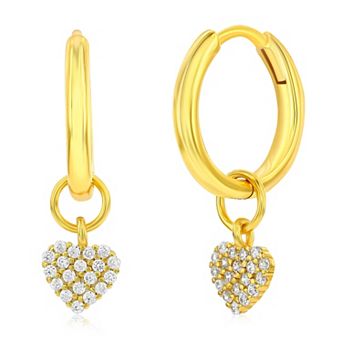 Argento Bella Gold Tone Sterling Silver Cubic Zirconia Heart Drop Hoop Earrings