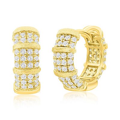 Argento Bella Sterling Silver Pave Cubic Zirconia Matte Hoop Earrings