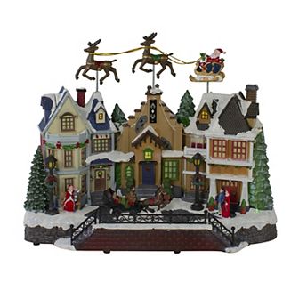 Northlight 16 in LED Lighted and Animated Christmas Village with Flying Sleigh Table Decor