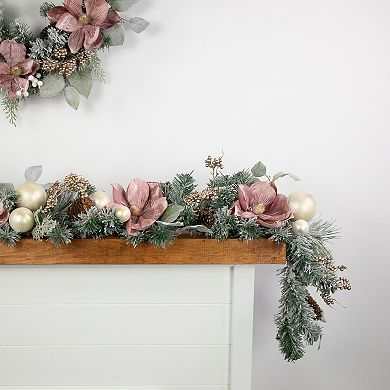 Northlight Pink Floral & Ball Ornament Frosted Pine Artificial Christmas Garland