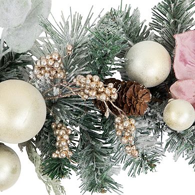 Northlight Pink Floral & Ball Ornament Frosted Pine Artificial Christmas Garland