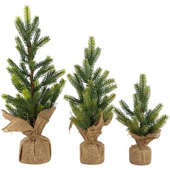 Northlight Mini Christmas Pine Artificial Christmas Trees with Burlap Base 3 pc Set