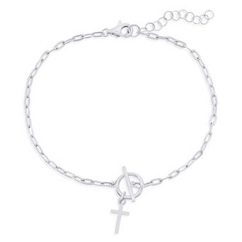 Argento Bella Cross Charm Paper Clip Chain Toggle Bracelet