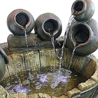 Urns And Barrel Cascading Waterfall Illuminated Garden Fountain