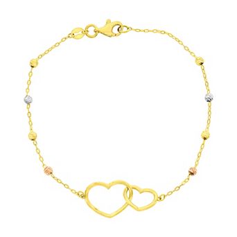 Divine Gold 14k Gold Heart Tri-Color Bead Bracelet