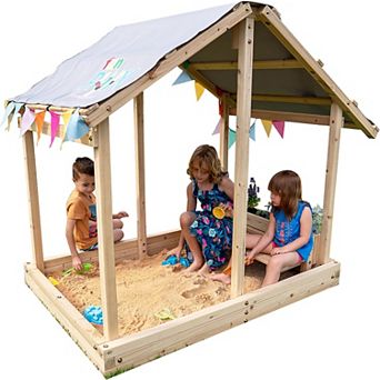 Funphix Dig n’ Play Outdoor Wooden Sandbox Playhouse with Bench & Flower Planter