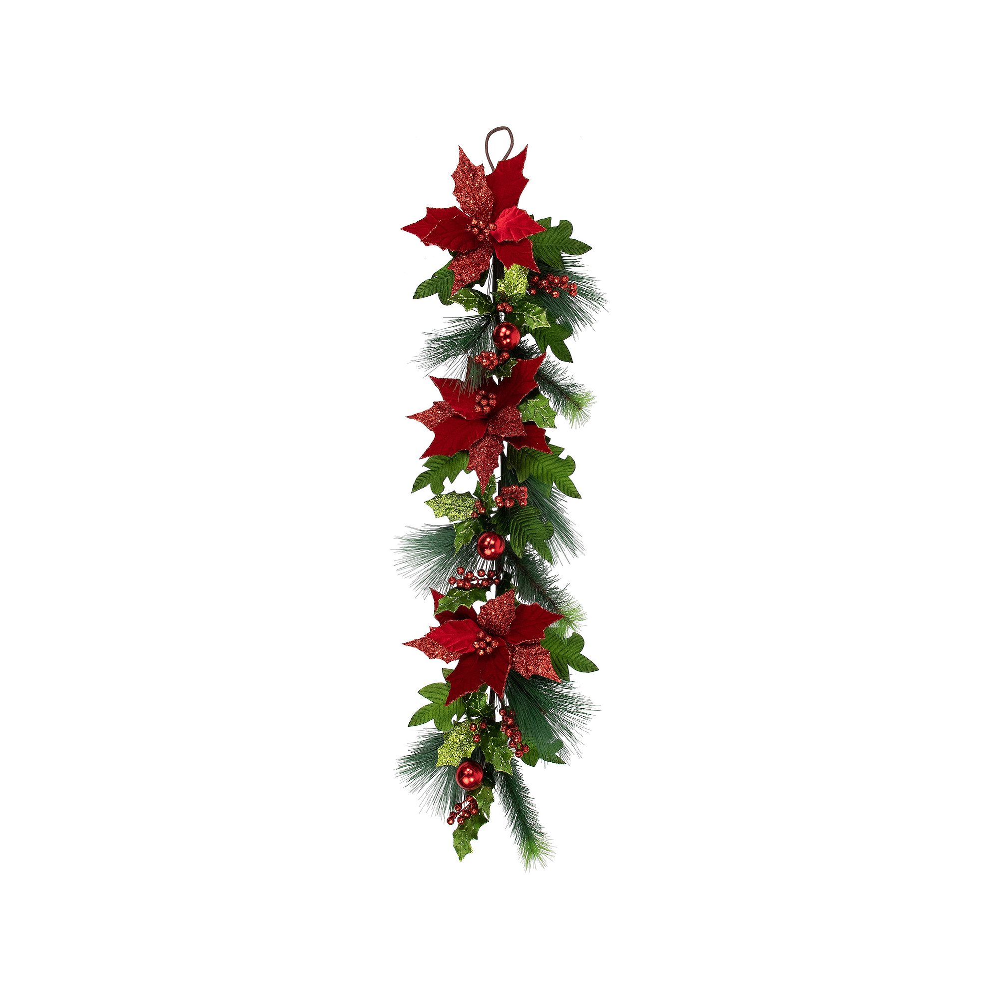 Northlight Glittered Red Poinsettia & Long Pine Christmas Swag