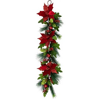 Northlight Glittered Red Poinsettia & Long Pine Christmas Swag