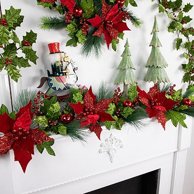 Northlight Glittered Red Poinsettia & Long Pine Christmas Swag