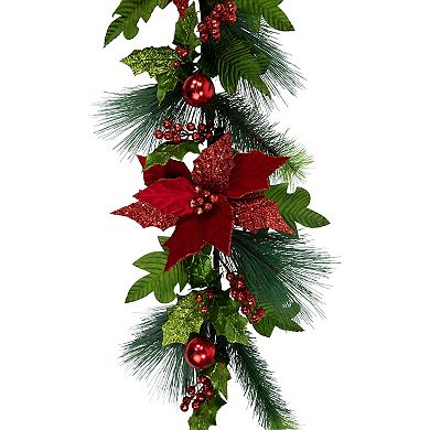 Northlight Glittered Red Poinsettia & Long Pine Christmas Swag