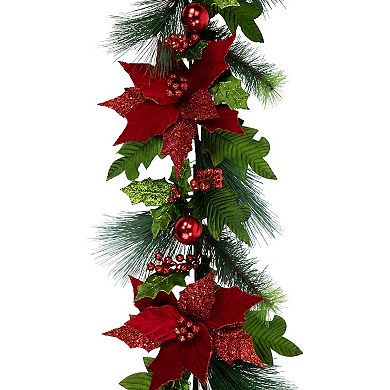 Northlight Glittered Red Poinsettia & Long Pine Christmas Swag