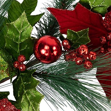 Northlight Glittered Red Poinsettia & Long Pine Christmas Swag