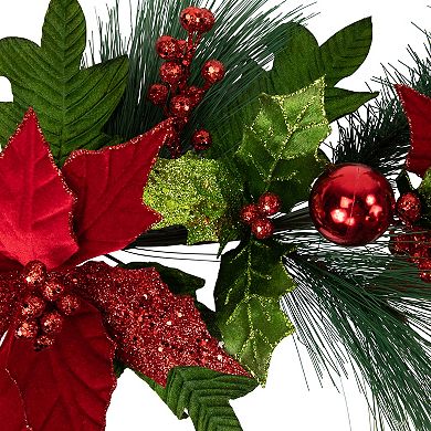 Northlight Glittered Red Poinsettia & Long Pine Christmas Swag