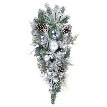 Northlight 30" Flocked Pine Artificial Christmas Teardrop Swag with Iridescent Ornaments