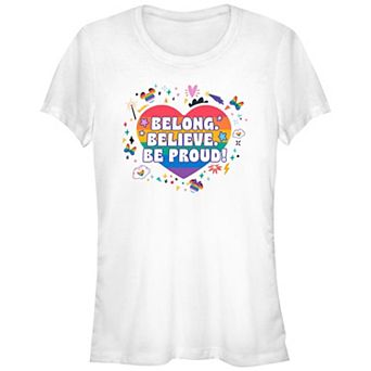 Disney's Mickey Mouse And Minnie Mouse Icons Belong Believe Be Proud Juniors' Fitted Graphic Tee