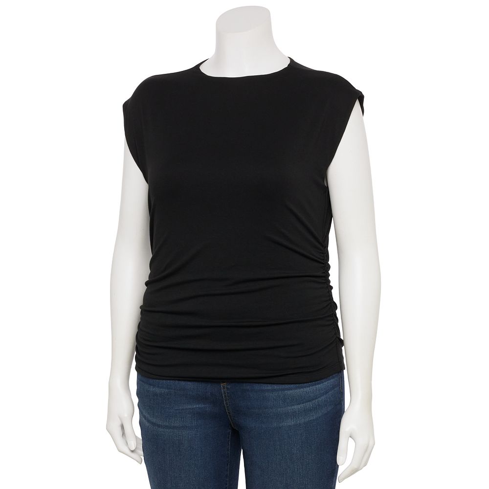 MOCK NECK RUCHED SHOULDER SLEEVELESS KNIT TOP main image 0
