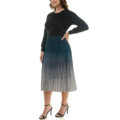 sweater dress with chiffon skirt White Knitted Sweater Dress Set: Midi Pleated Cotton Skirt, Long Sleeve