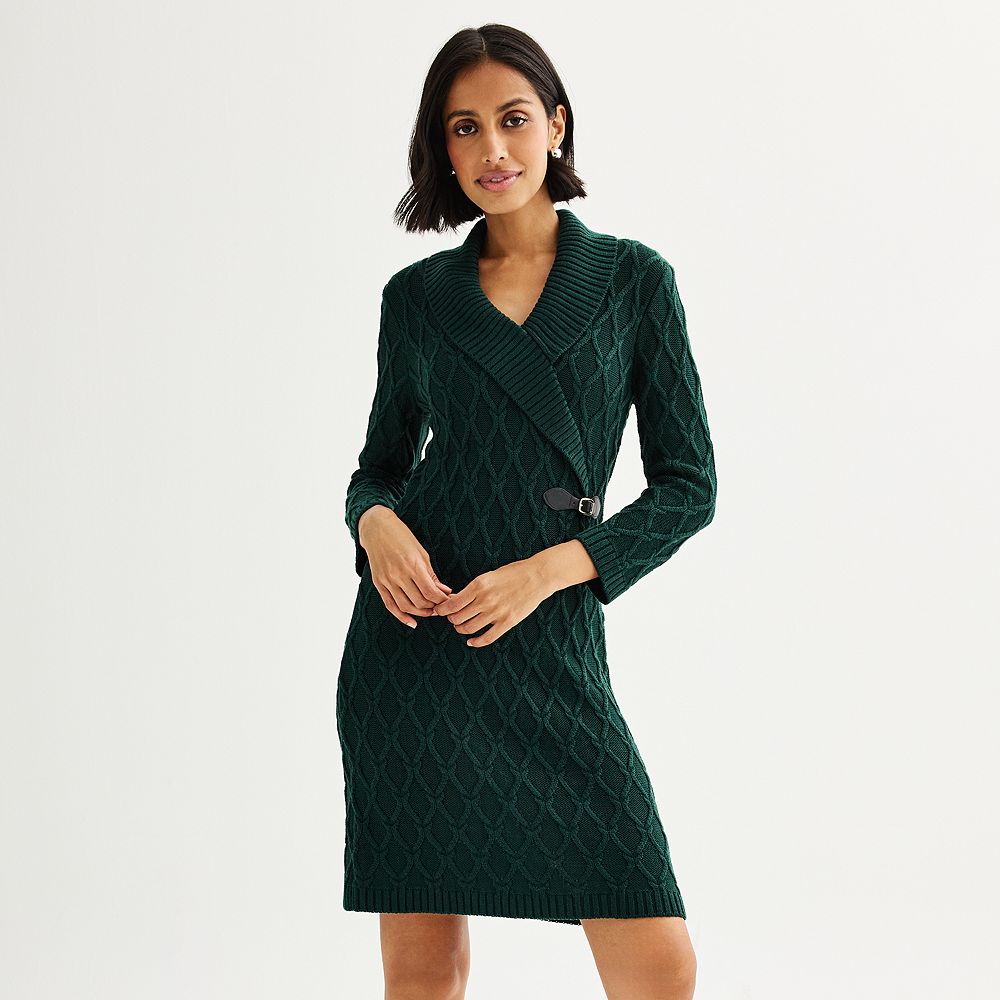 Collared Neck Long Sleeve Sweater Dress with Pockets