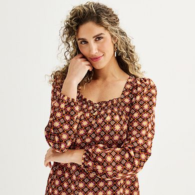 Women's Draper James Allover Geo Print Long Sleeve Squareneck Top