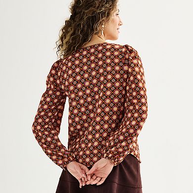 Women's Draper James Allover Geo Print Long Sleeve Squareneck Top
