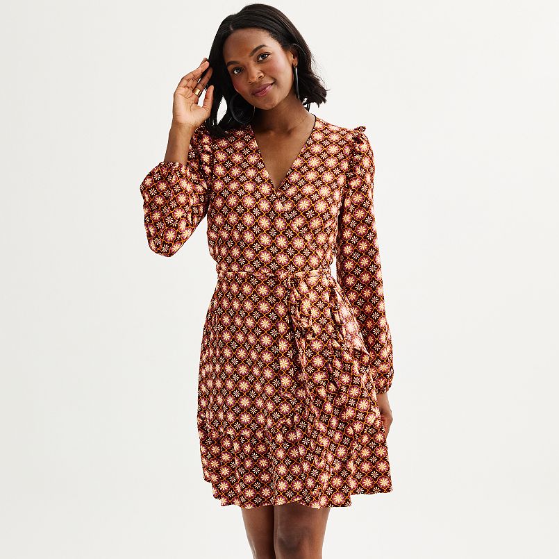 Women's Draper James Allover Geo Long Sleeve Ruffle Wrap Mini Dress