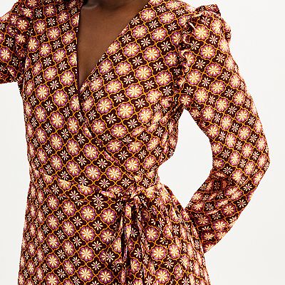v neck long sleeve short dress Floral Deep V Flounce Sleeve Mini Dress Gum Leaf / M