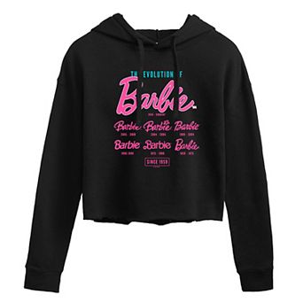 Juniors' Barbie® Evolution of Barbie Logo Cropped Hoodie