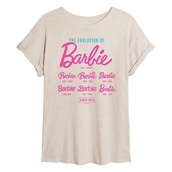 Juniors' Barbie® Evolution of Barbie Logo Oversized Tee