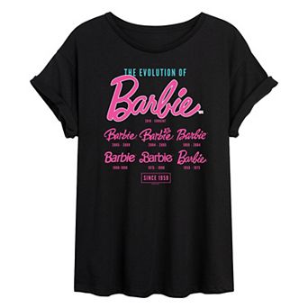 Juniors' Barbie® Evolution of Barbie Logo Oversized Tee
