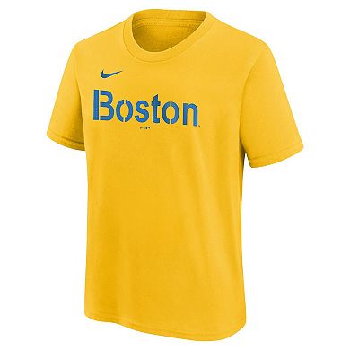 Youth Nike Rafael Devers Gold Boston Red Sox Fuse City Connect Name & Number T-Shirt